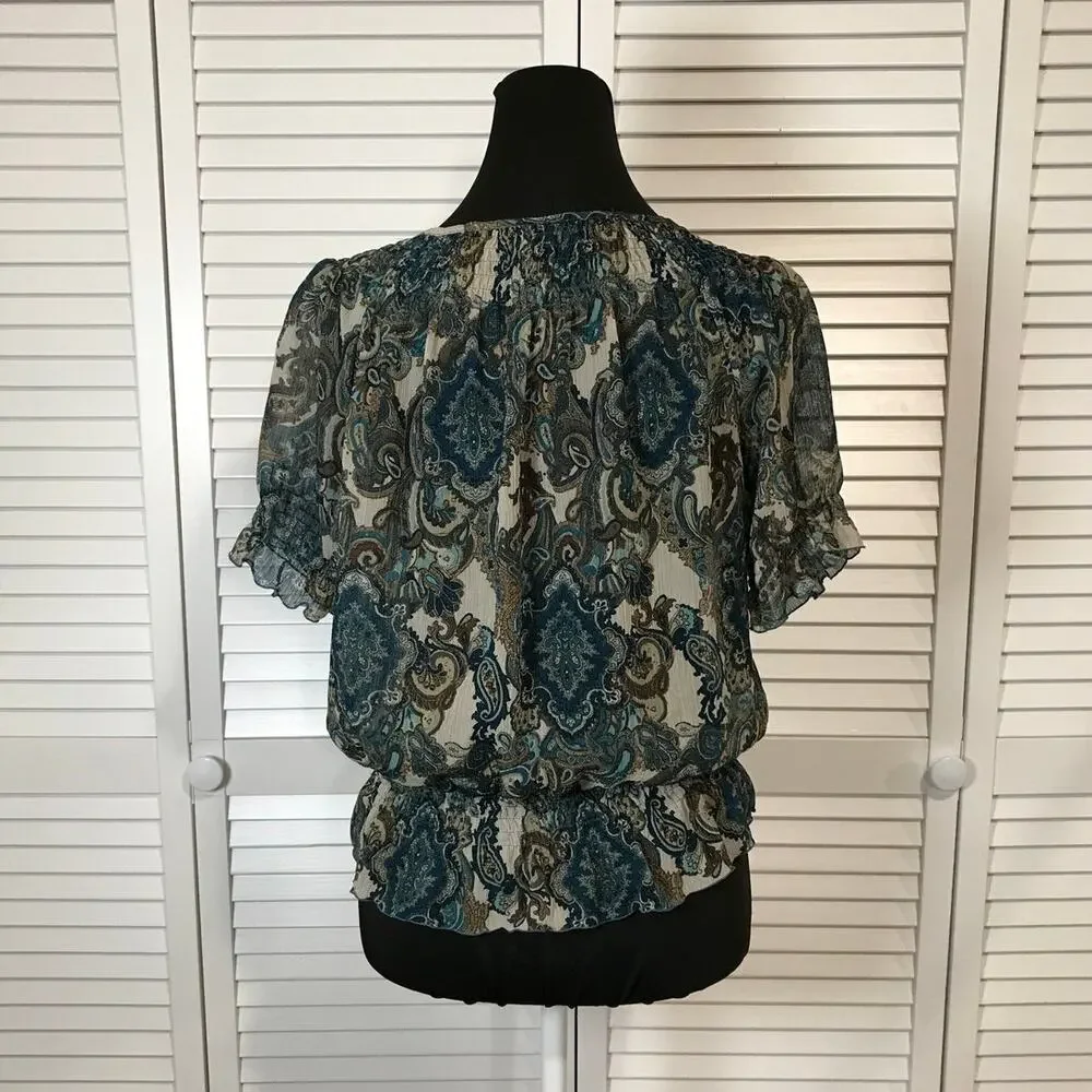 a.n.a. A New Approach Boho Blue Paisley Ruffle Semi Sheer Blouse M - Picture 3 of 9